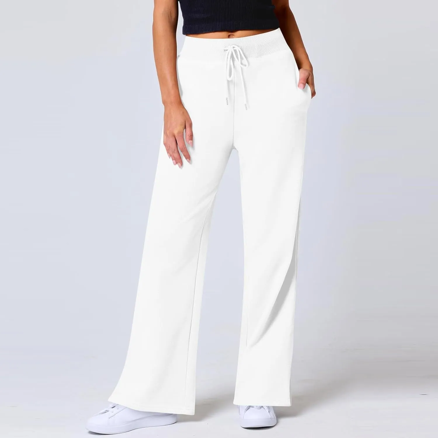 Wide Leg Sweatpants for Women Fleece Side Slit Flare Workout Pants with Pockets Casual Comfy High Waisted Cargo Pants