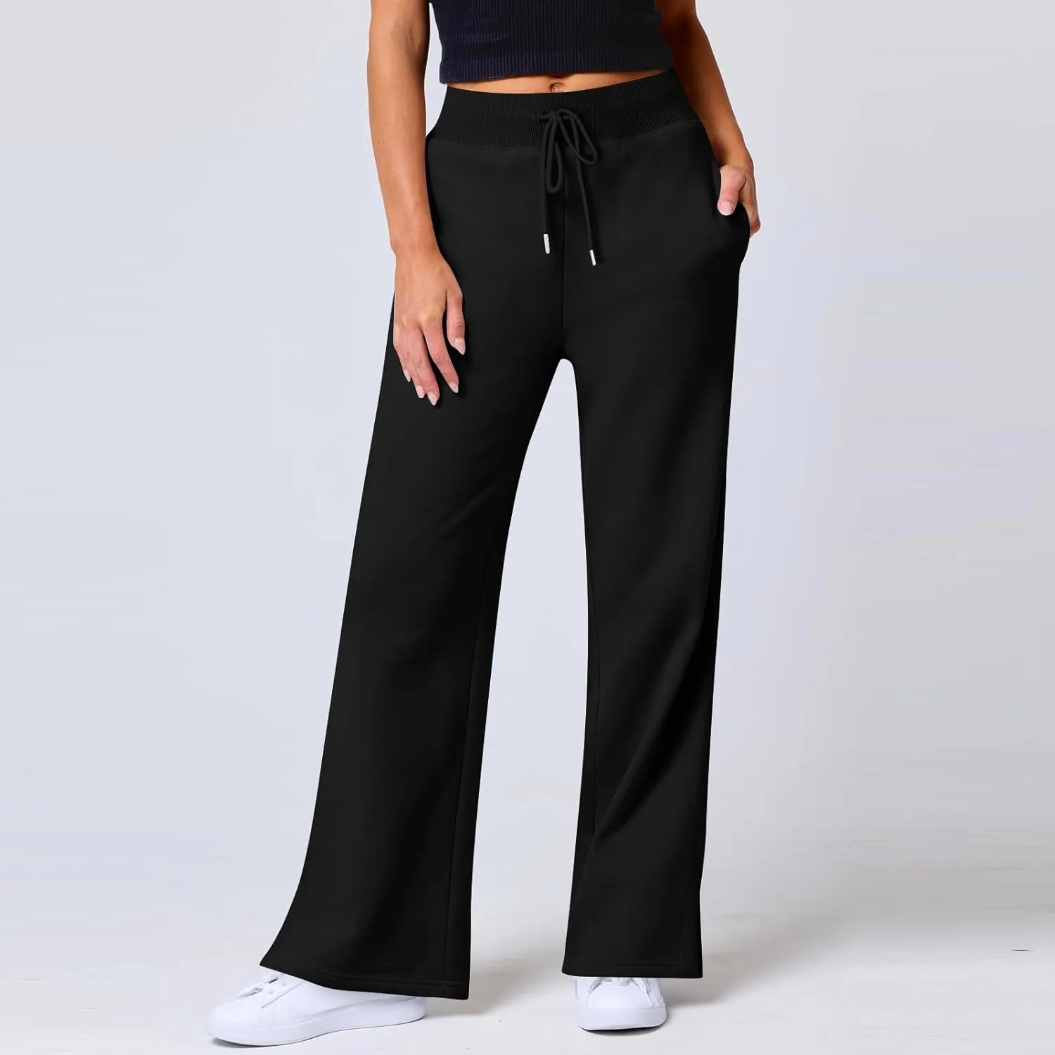 Wide Leg Sweatpants for Women Fleece Side Slit Flare Workout Pants with Pockets Casual Comfy High Waisted Cargo Pants