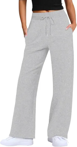 Wide Leg Sweatpants for Women Fleece Side Slit Flare Workout Pants with Pockets Casual Comfy High Waisted Cargo Pants