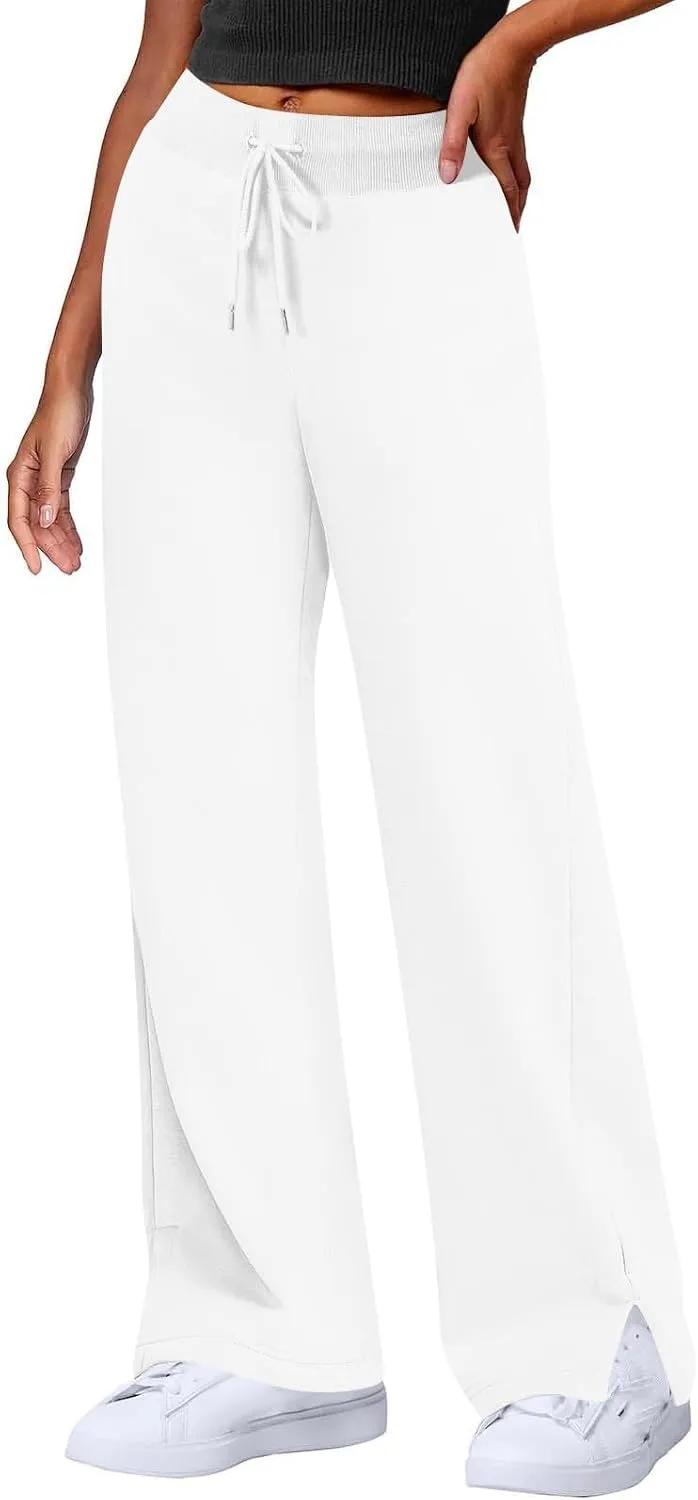 Wide Leg Sweatpants for Women Fleece Side Slit Flare Workout Pants with Pockets Casual Comfy High Waisted Cargo Pants
