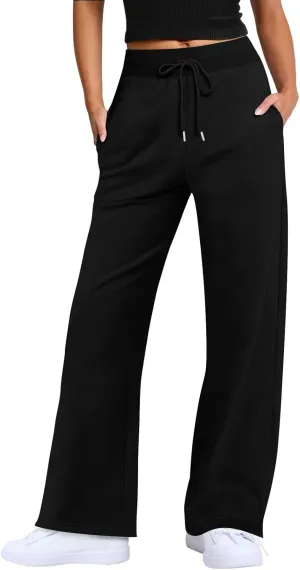 Wide Leg Sweatpants for Women Fleece Side Slit Flare Workout Pants with Pockets Casual Comfy High Waisted Cargo Pants