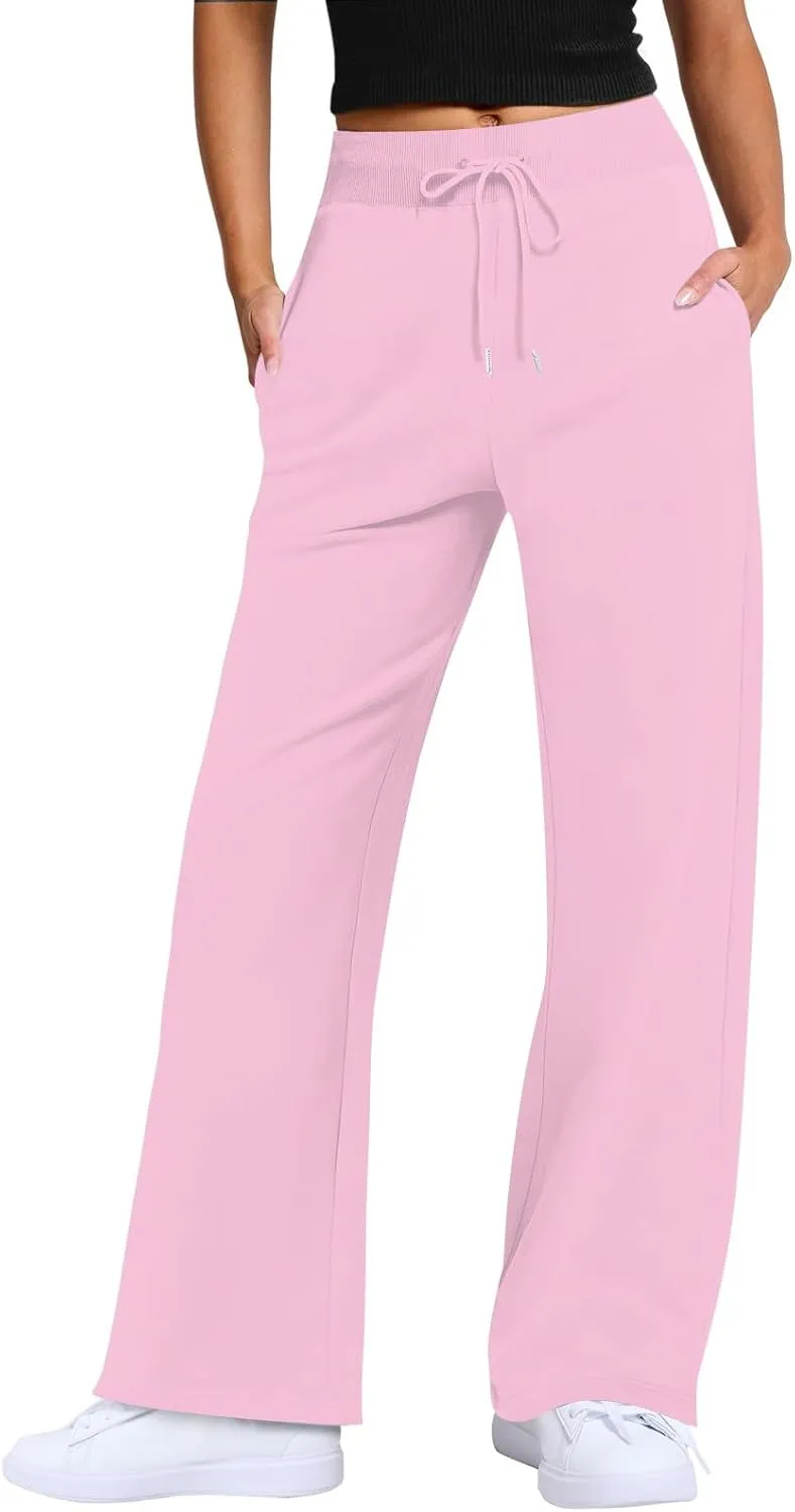 Wide Leg Sweatpants for Women Fleece Side Slit Flare Workout Pants with Pockets Casual Comfy High Waisted Cargo Pants