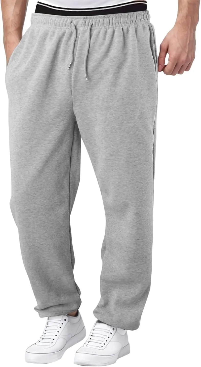 Wide Leg Sweatpants Men Baggy Soft Fleece Jogger Pants with Pockets Gym Athletic Workout Open Bottom Sweatpants