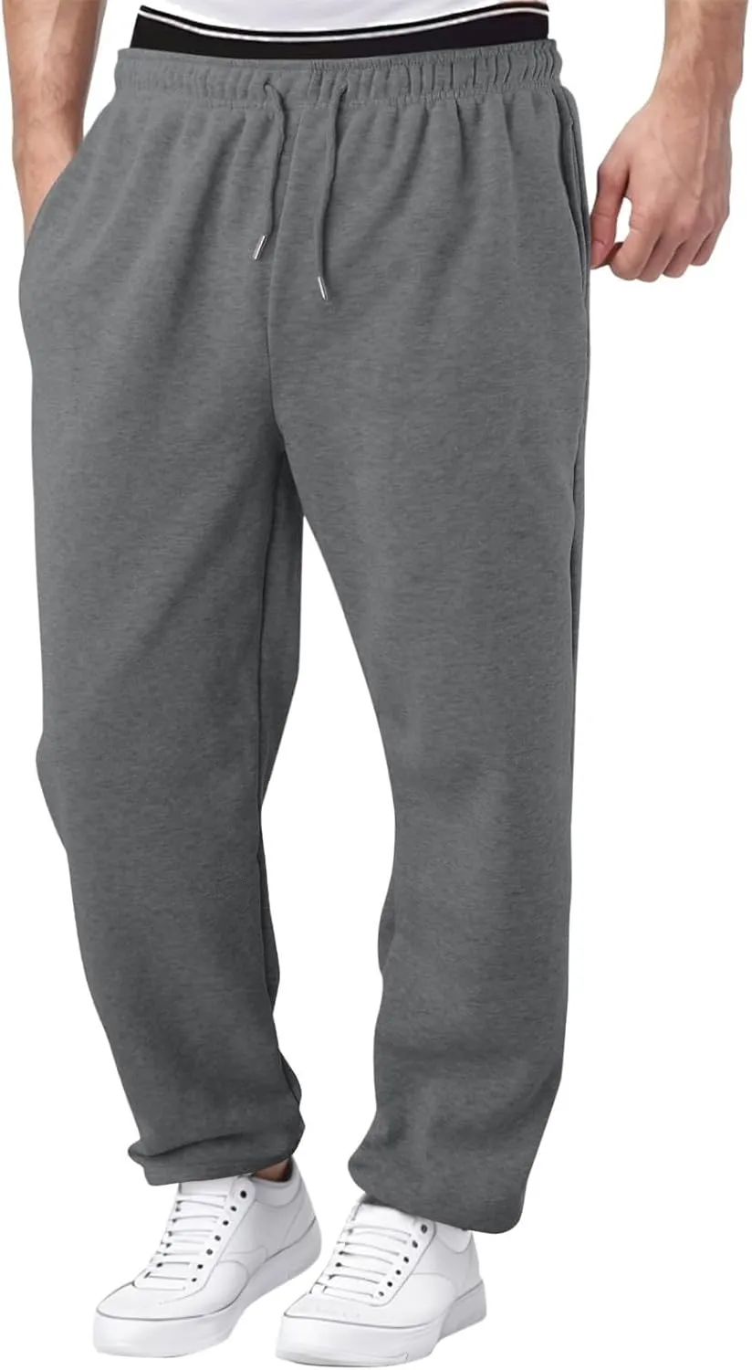 Wide Leg Sweatpants Men Baggy Soft Fleece Jogger Pants with Pockets Gym Athletic Workout Open Bottom Sweatpants
