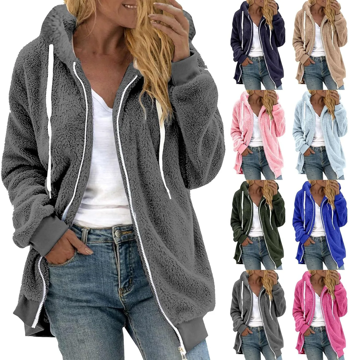 Winter Fleece Sherpa Hooded Jacket for Women Zip Up Casual Long Sleeve Drawstring Hoodies Soft Warm Jackets Outerwear