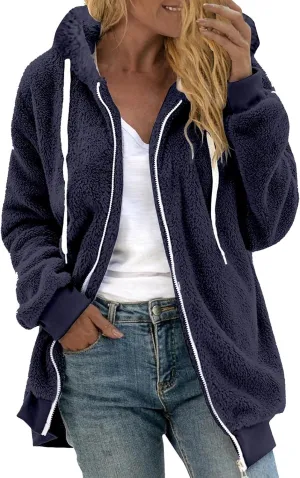 Winter Fleece Sherpa Hooded Jacket for Women Zip Up Casual Long Sleeve Drawstring Hoodies Soft Warm Jackets Outerwear