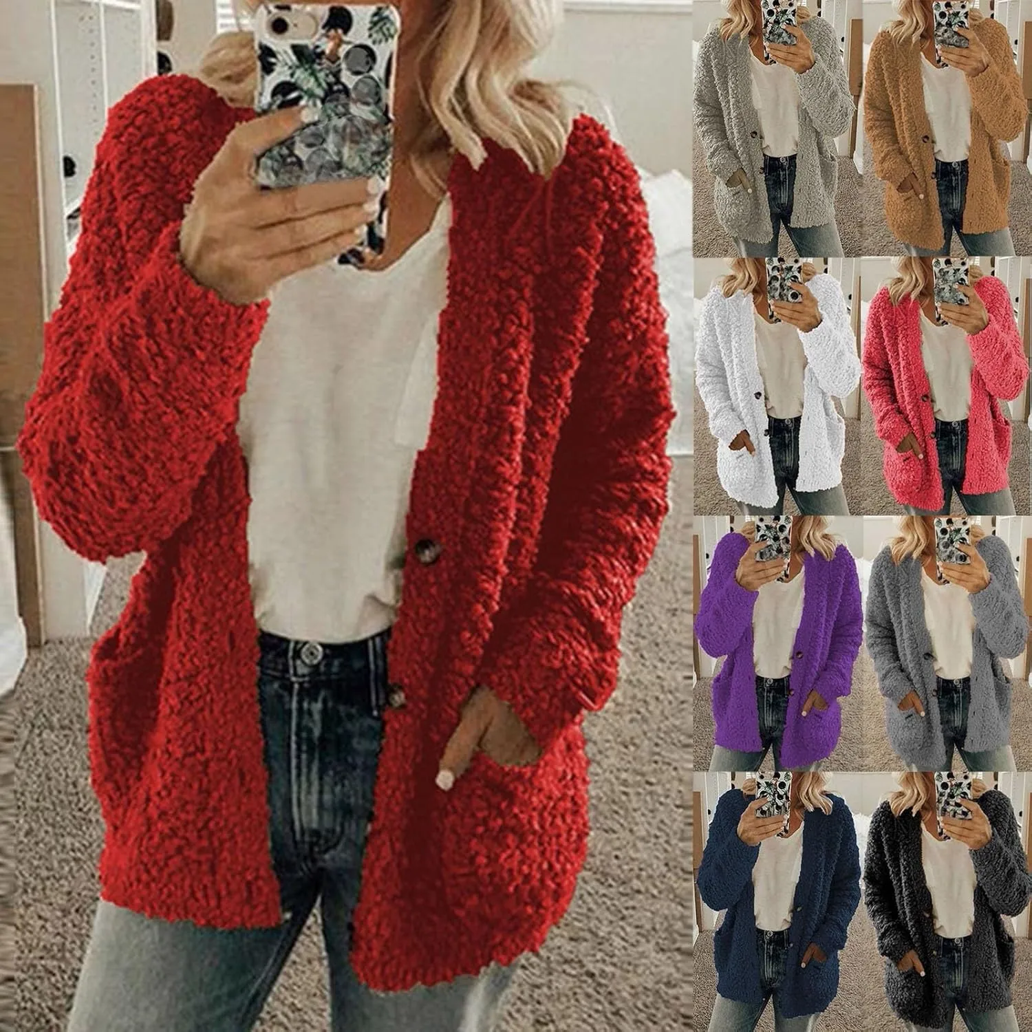 Winter Fuzzy Popcorn Cardigan for Women Open Front Button Down Fleece Sweater Coat Shaggy Sherpa Outwear with Pockets