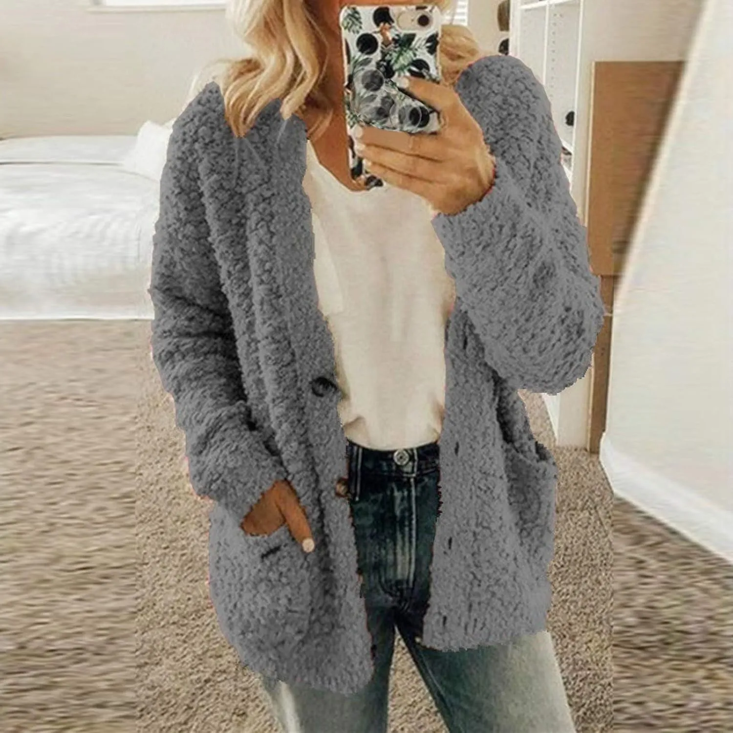 Winter Fuzzy Popcorn Cardigan for Women Open Front Button Down Fleece Sweater Coat Shaggy Sherpa Outwear with Pockets