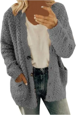 Winter Fuzzy Popcorn Cardigan for Women Open Front Button Down Fleece Sweater Coat Shaggy Sherpa Outwear with Pockets