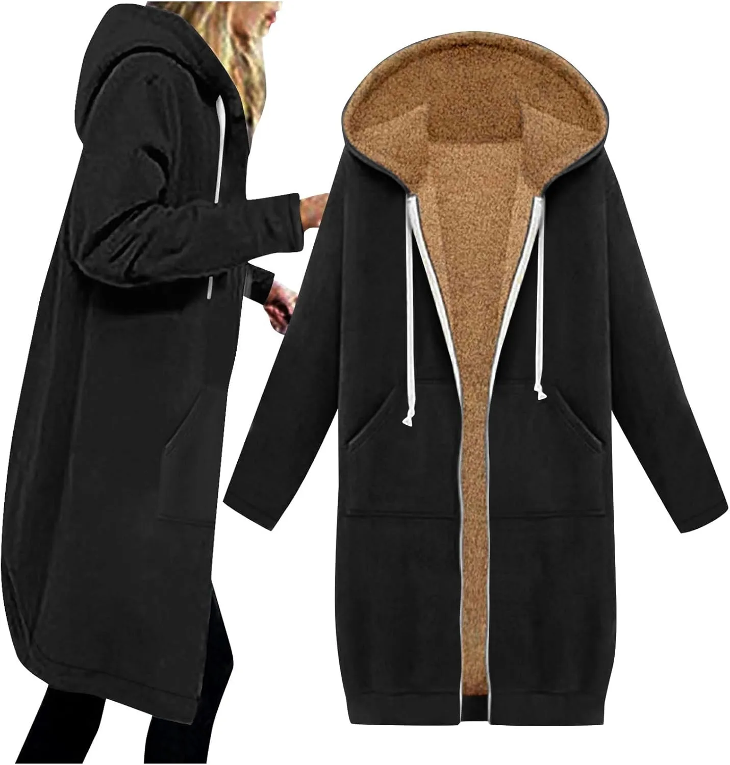 Winter Hoodie Jackets for Women Fleece Sweater Coats Plus Size Warm Outerwear Casual Loose Long Jacket with Pocket