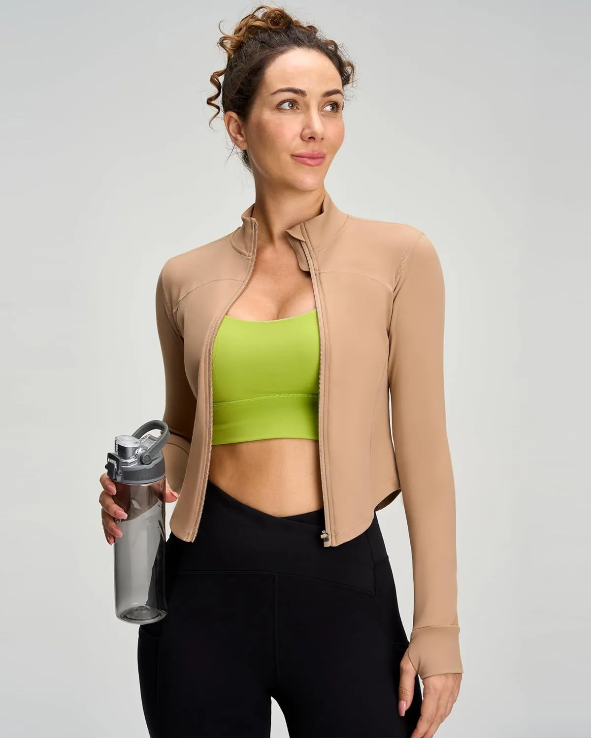 Women BBL Jacket Full Zip UP Workout Athletic Cropped Jacket wIth Thumb Holes Running Yoga Sportswear