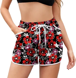 Women Drawstring Board Shorts Floral Beach Swim Shorts Summer Swim Trunks with Pockets