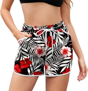 Women Drawstring Board Shorts Floral Beach Swim Shorts Summer Swim Trunks with Pockets