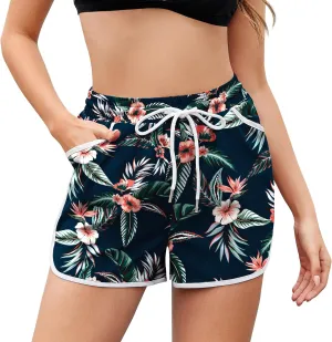 Women Drawstring Board Shorts Floral Beach Swim Shorts Summer Swim Trunks with Pockets