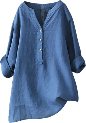 Women Linen Shirts Long Sleeve 2024 Casual Solid Color V-Neck Button Down Shirts Overszied Spring Tops Trendy