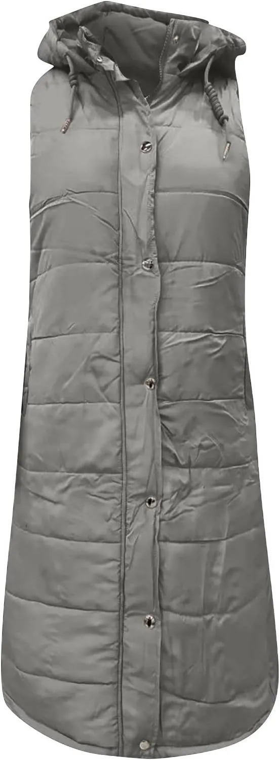Women Long Puffer Vest Sleveless Hoodies Full Zipper button Sleeveless Down Coats Thickened Warm Windbreakers 2024