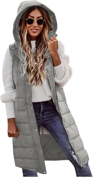 Women Long Puffer Vest Sleveless Hoodies Full Zipper button Sleeveless Down Coats Thickened Warm Windbreakers 2024
