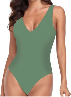 Women One Piece Swimsuit Padded Sexy V Neck Swim Suits Modest Tummy Control Monokinis Bathing Suits Backless Swimwear