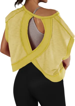 Women Oversized Open Back Short Sleeve Workout Crop Tops Backless Yoga Shirts Casual Loose Fit Athletic Tee Top 2024