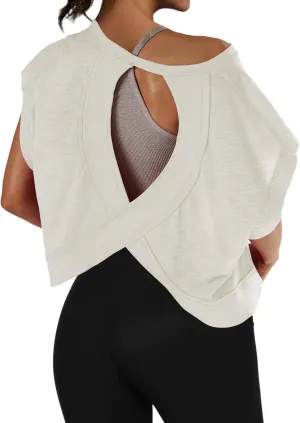 Women Oversized Open Back Short Sleeve Workout Crop Tops Backless Yoga Shirts Casual Loose Fit Athletic Tee Top 2024