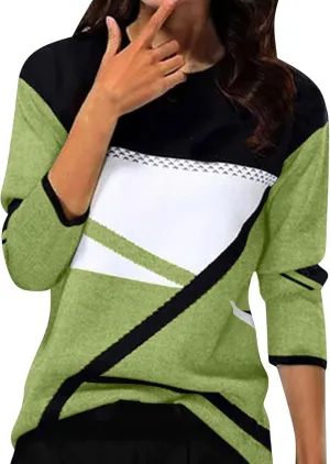 Women Trendy Colors Block Sweatshirt Long Sleeve Crewneck Shirts for Spring Fall Winter Tops 2025 Fit Casual Blouses