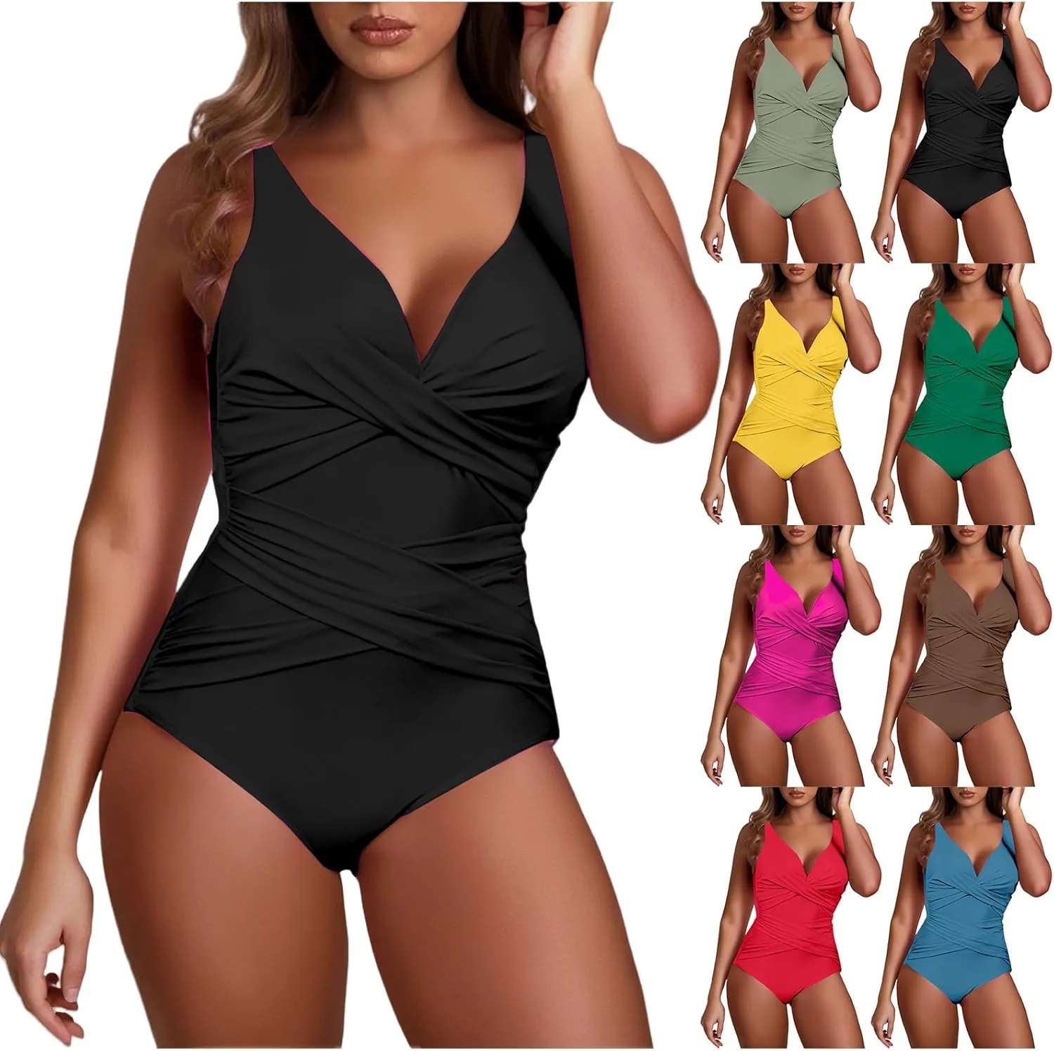 Women Tummy Control One Piece Swimsuits V Neck Criss Cross Ruched Push Up Slimming Swimwear Vintage Padded Swimwear