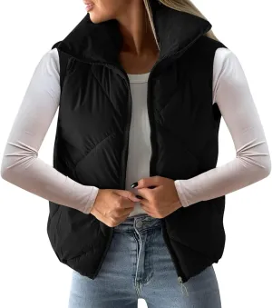 Womens 2024 Quilted Puffer Jacket Vest Fashion Cropped Sleeveless Down Coat Gilet Lightweight Casual Full Zip Outwear