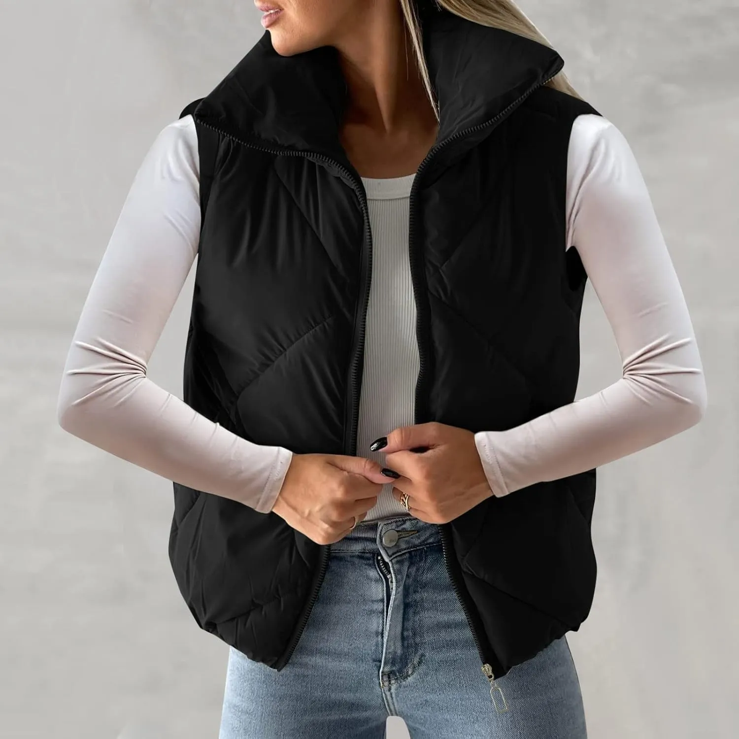 Womens 2024 Quilted Puffer Jacket Vest Fashion Cropped Sleeveless Down Coat Gilet Lightweight Casual Full Zip Outwear