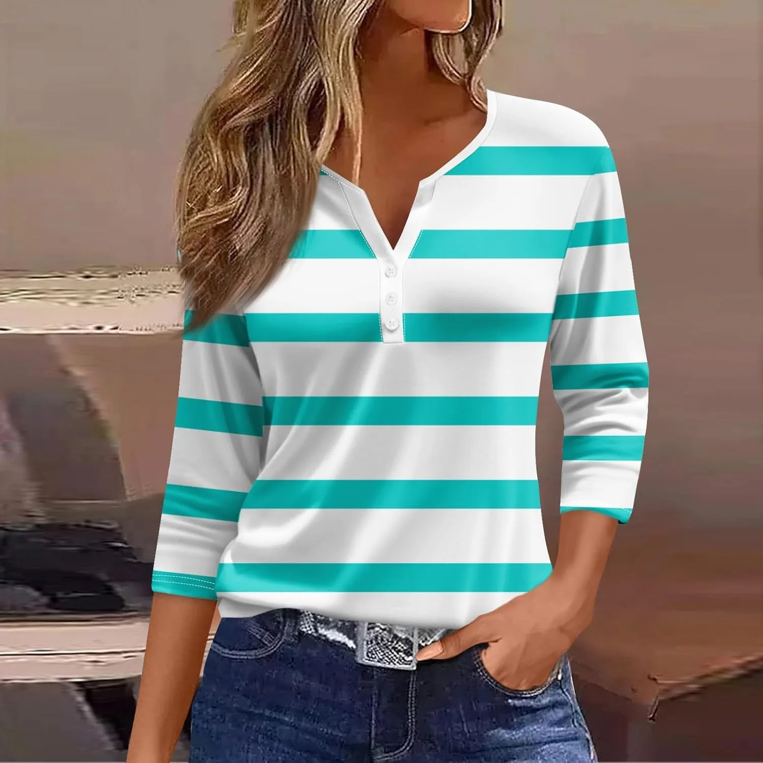 Womens 3/4 Sleeve Tops,Women's T-Shirts Dressy Button Down Tunic Tops Striped Blouses Henley V Neck Summer Cute Tees