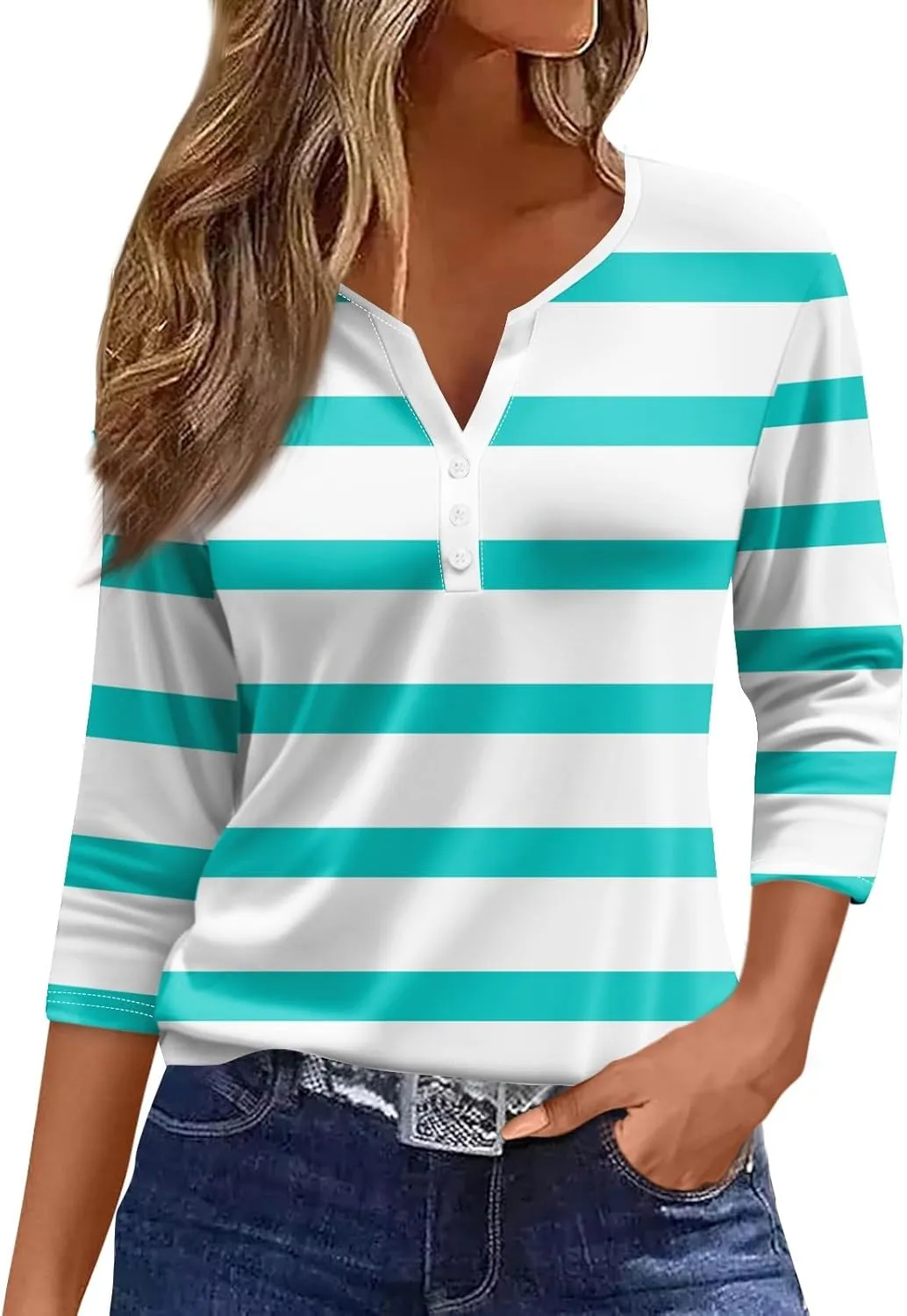 Womens 3/4 Sleeve Tops,Women's T-Shirts Dressy Button Down Tunic Tops Striped Blouses Henley V Neck Summer Cute Tees
