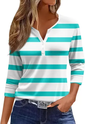 Womens 3/4 Sleeve Tops,Women's T-Shirts Dressy Button Down Tunic Tops Striped Blouses Henley V Neck Summer Cute Tees