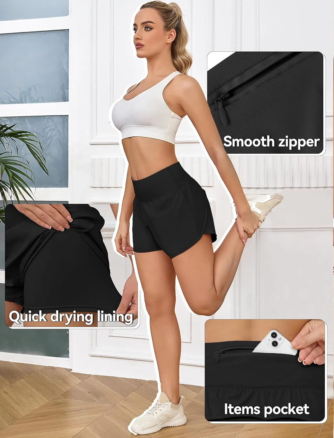Womens Athletic Running Shorts with Liner - Quick Dry Gym Workout Shorts,Zipper Pocket