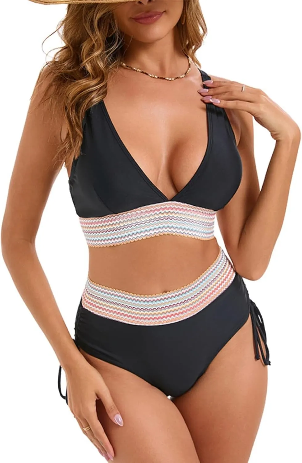 Women's Bikini Sets Sexy Deep-V Gathered Bras Stretchy High Waist Lace up Briefs Swimsuit Bathing Suits Swimwear