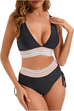 Women's Bikini Sets Sexy Deep-V Gathered Bras Stretchy High Waist Lace up Briefs Swimsuit Bathing Suits Swimwear