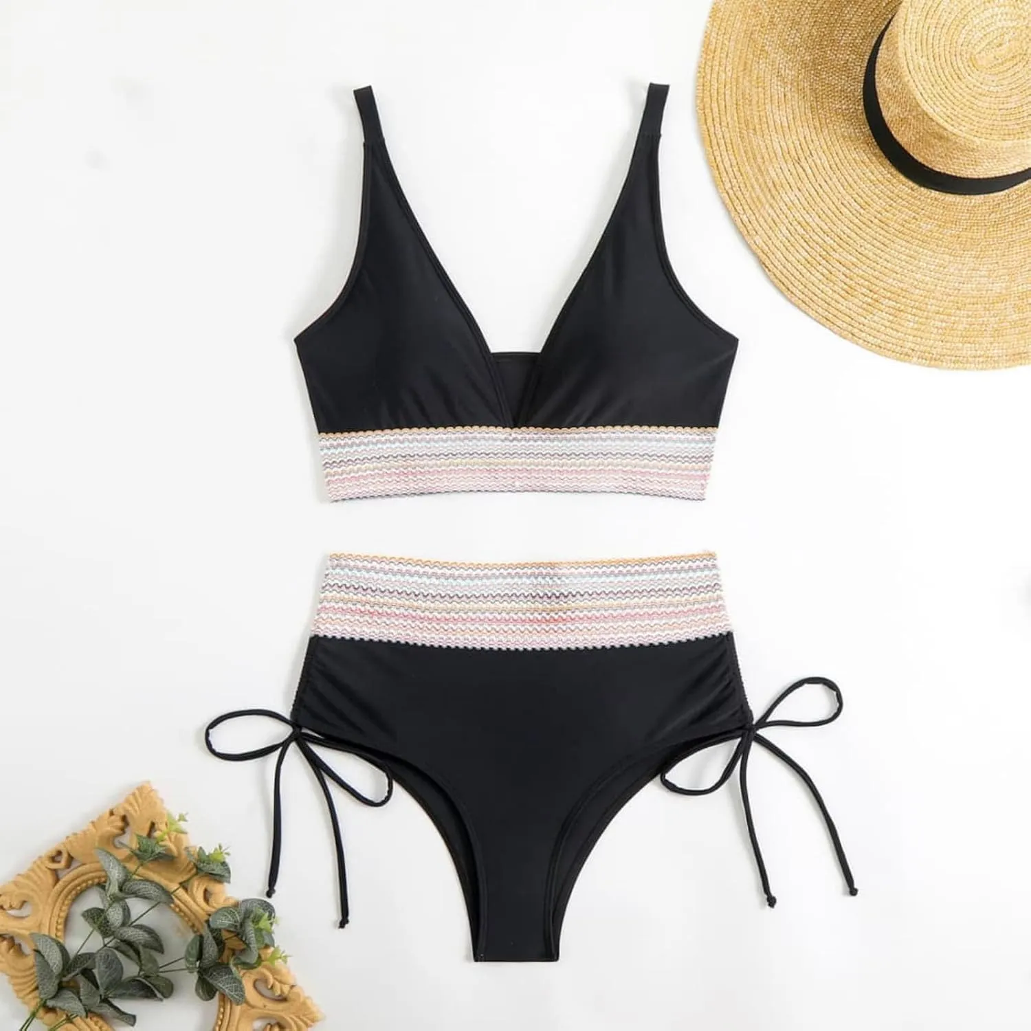 Women's Bikini Sets Sexy Deep-V Gathered Bras Stretchy High Waist Lace up Briefs Swimsuit Bathing Suits Swimwear