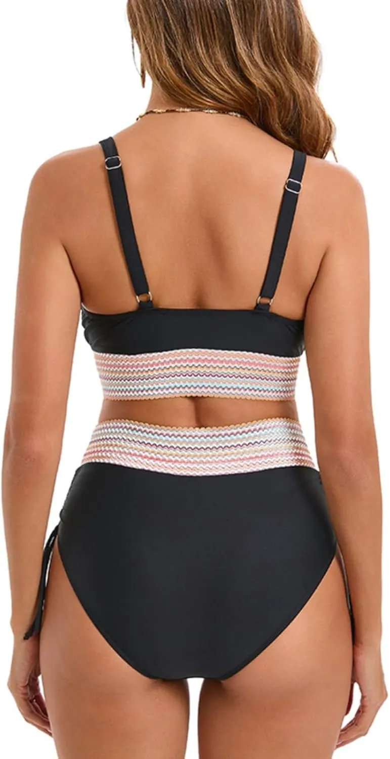 Women's Bikini Sets Sexy Deep-V Gathered Bras Stretchy High Waist Lace up Briefs Swimsuit Bathing Suits Swimwear