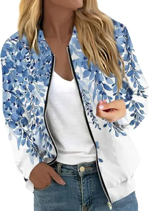 Women'S Bomber Jackets Lightweight Floral Printing Zip Up Long Sleeve Jacket With Pocket Fall Stand Collar Coat