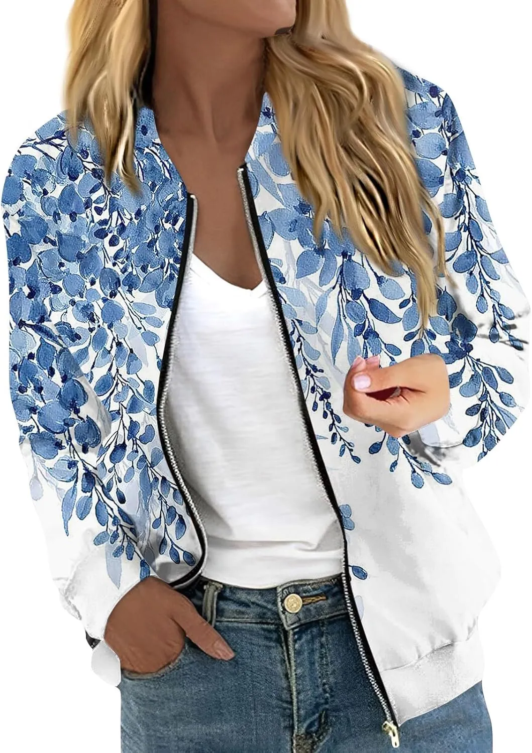 Women'S Bomber Jackets Lightweight Floral Printing Zip Up Long Sleeve Jacket With Pocket Fall Stand Collar Coat