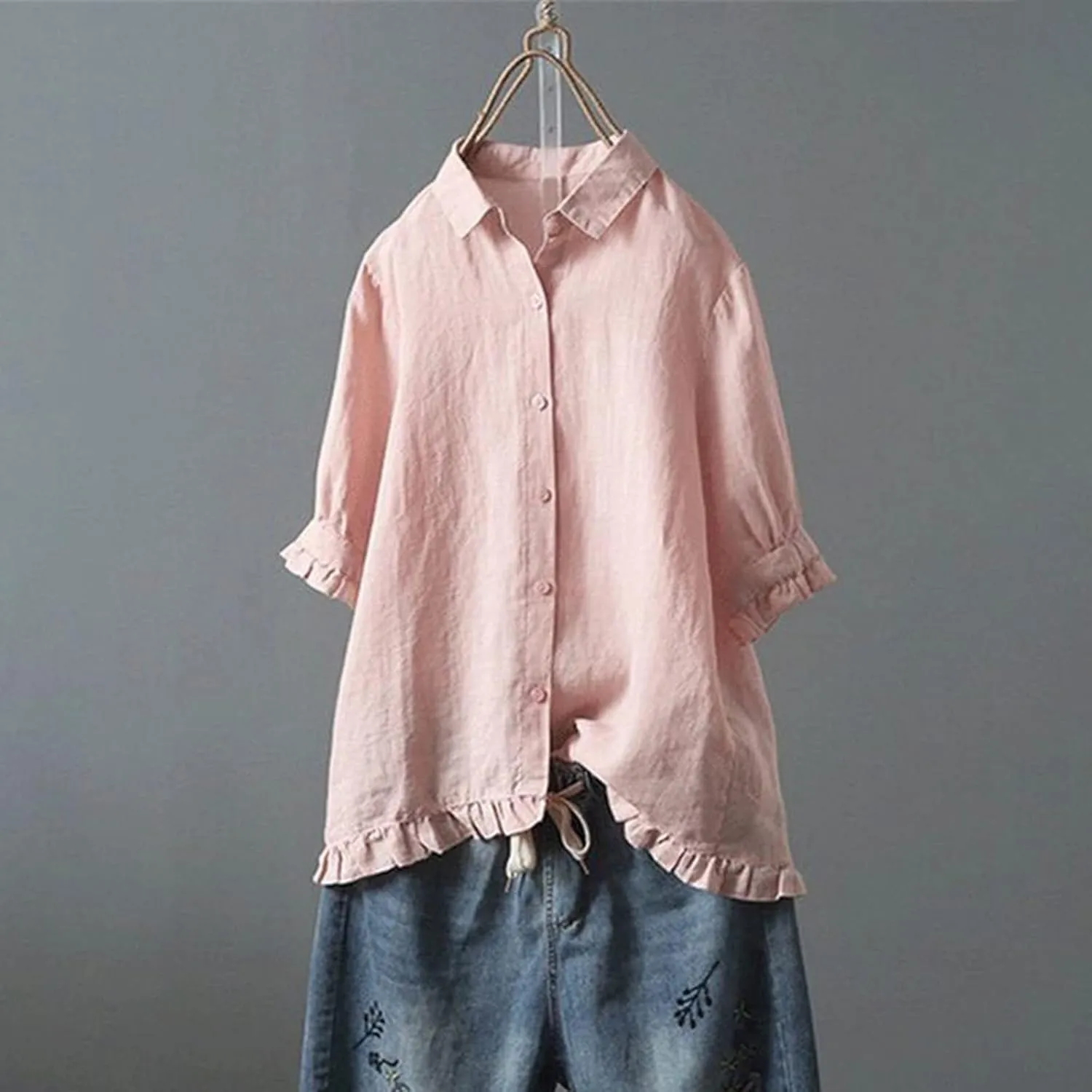 Womens Button Down Shirt Casual 3/4 Sleeve Collared Tops Classiac Fit Cover Shirts Soft Linen Summer Tops Blouses