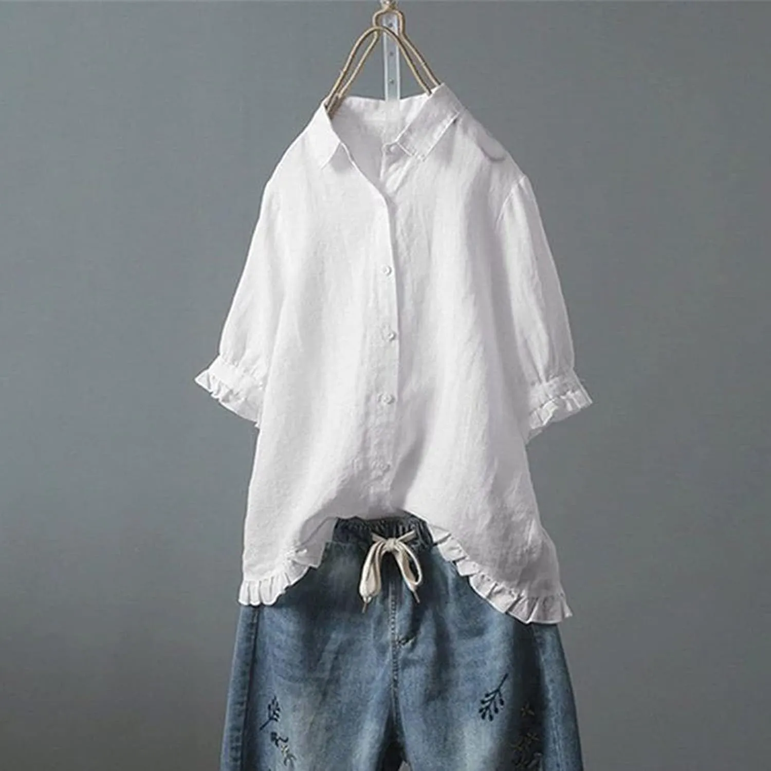 Womens Button Down Shirt Casual 3/4 Sleeve Collared Tops Classiac Fit Cover Shirts Soft Linen Summer Tops Blouses