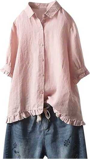 Womens Button Down Shirt Casual 3/4 Sleeve Collared Tops Classiac Fit Cover Shirts Soft Linen Summer Tops Blouses