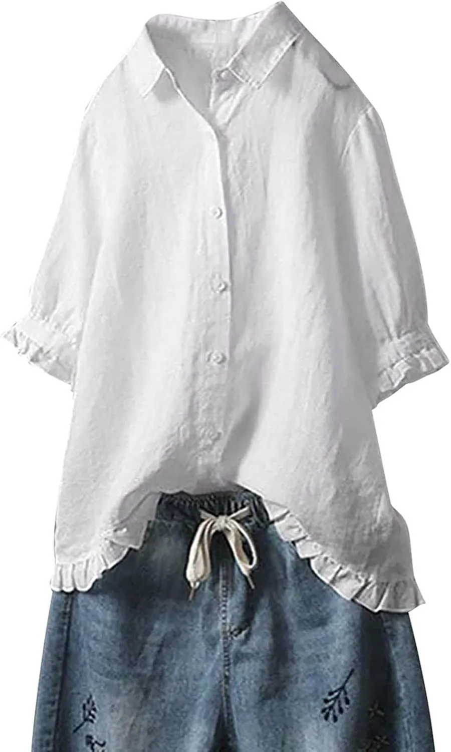 Womens Button Down Shirt Casual 3/4 Sleeve Collared Tops Classiac Fit Cover Shirts Soft Linen Summer Tops Blouses