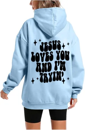 Womens Casual Versatile Hoodies Fashion Letter Prtint Sweatshirt Loose Comfy Long Sleeve Pullover Tops with Pockets