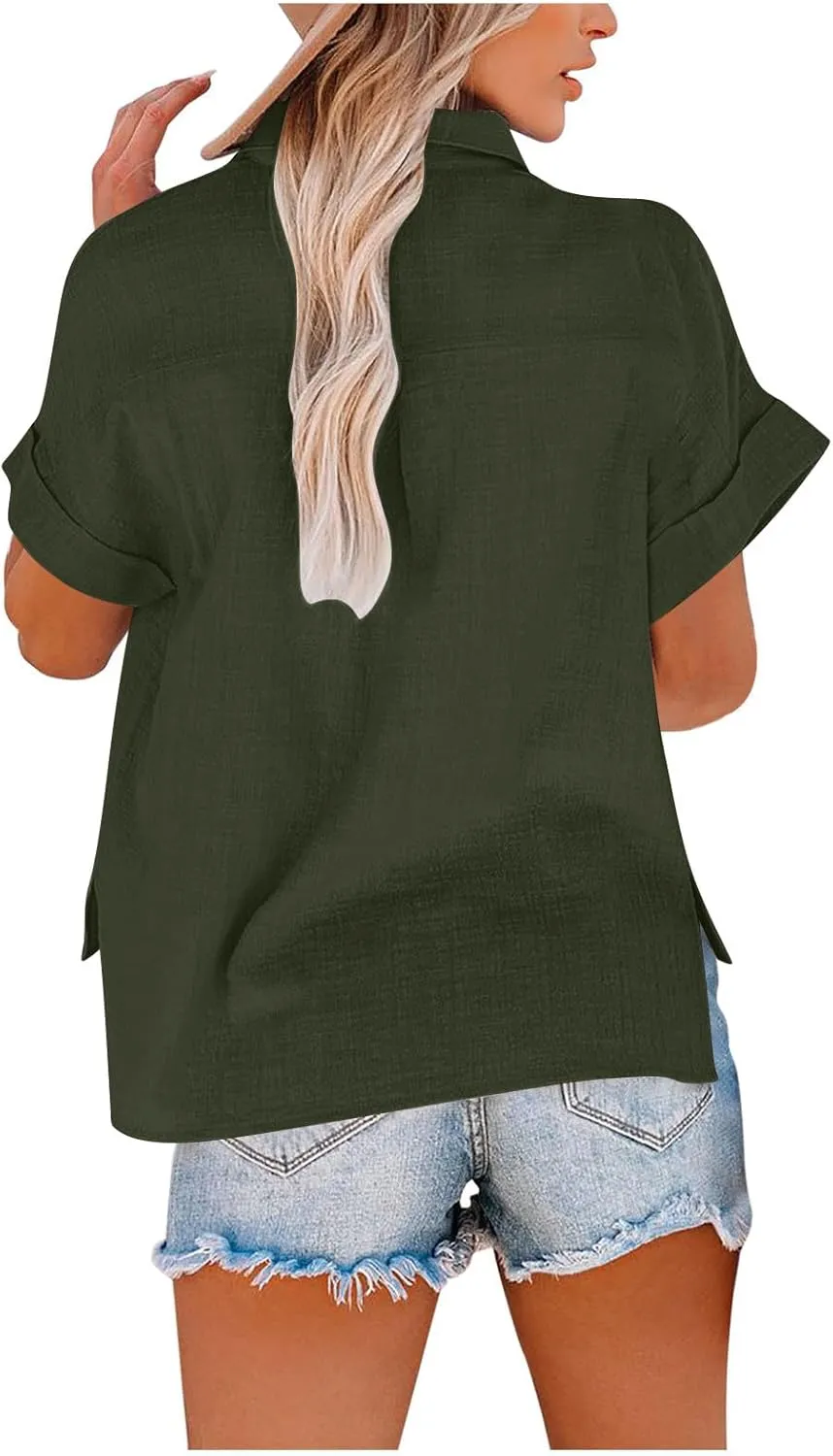 Women's Cpttpn Linen Button Up Shirts with Side Slit, Short Sleeve V-Neck Collared Tops Golf Shirt Casual Summer Tee