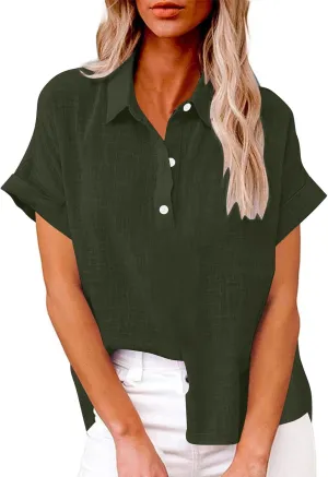 Women's Cpttpn Linen Button Up Shirts with Side Slit, Short Sleeve V-Neck Collared Tops Golf Shirt Casual Summer Tee