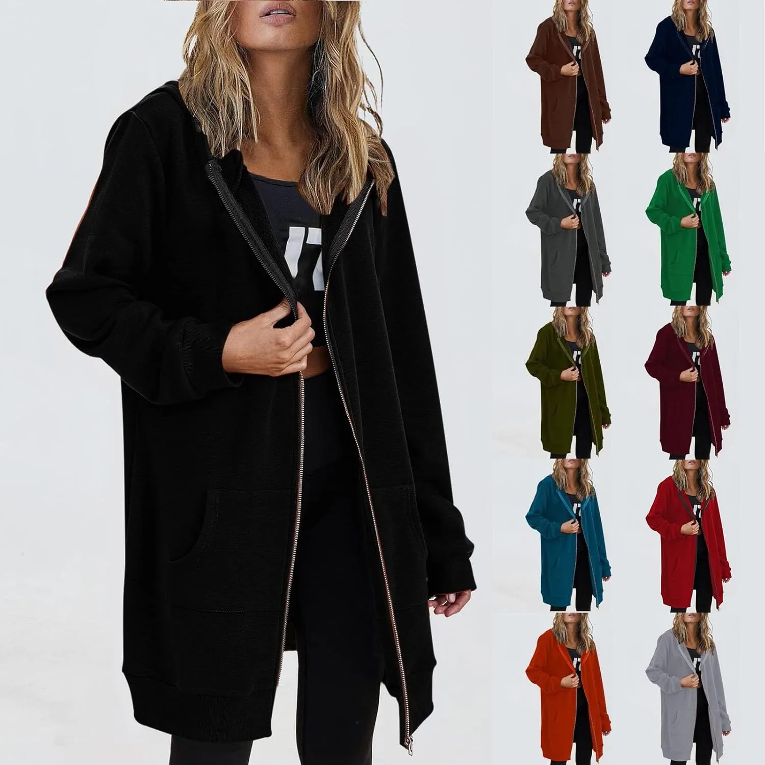 Women's Full Zip Up Long Hoodies Casual Fall Hooded Sweatshirts Slim Fit Long Sleeve Fleece Jacket Coats with Pockets