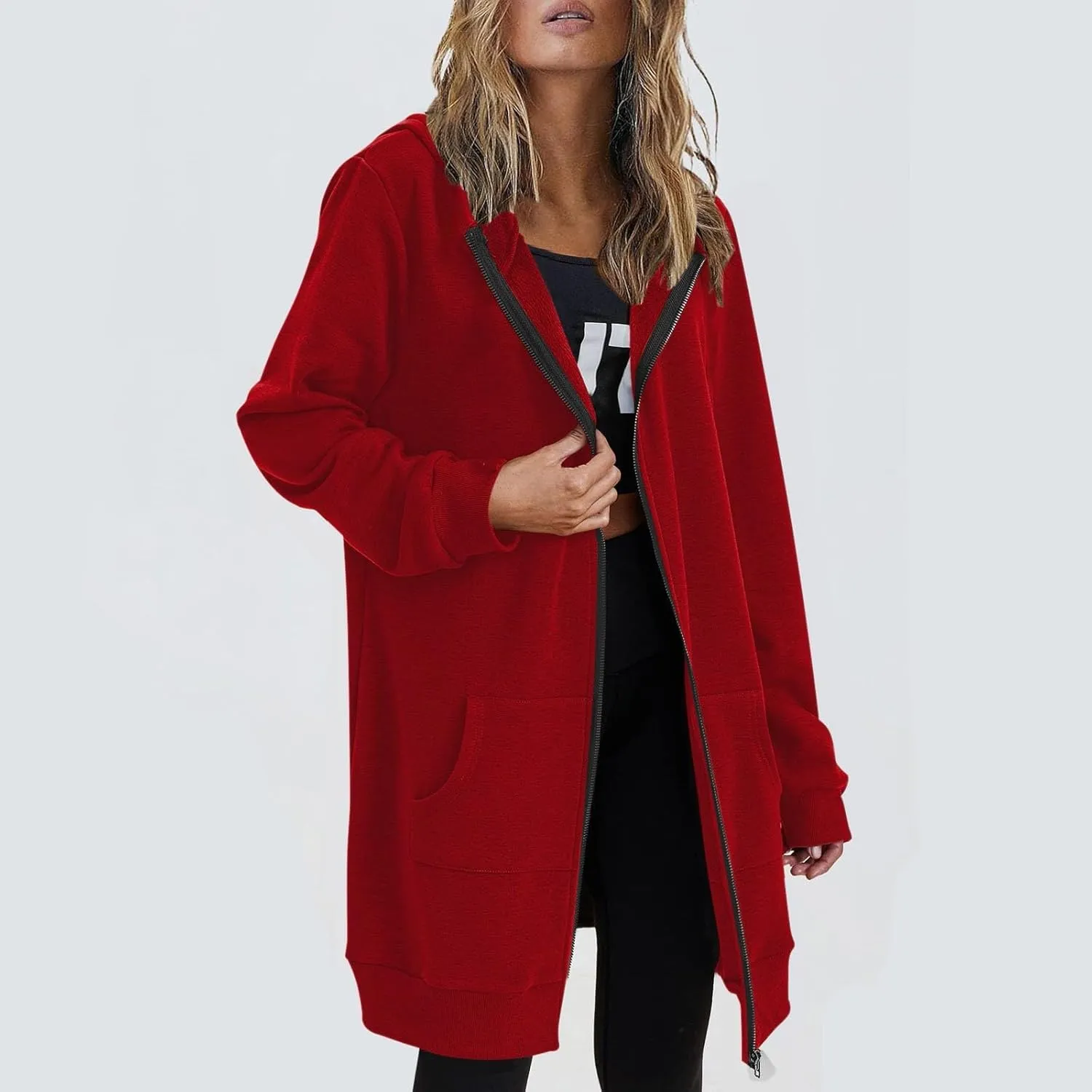 Women's Full Zip Up Long Hoodies Casual Fall Hooded Sweatshirts Slim Fit Long Sleeve Fleece Jacket Coats with Pockets
