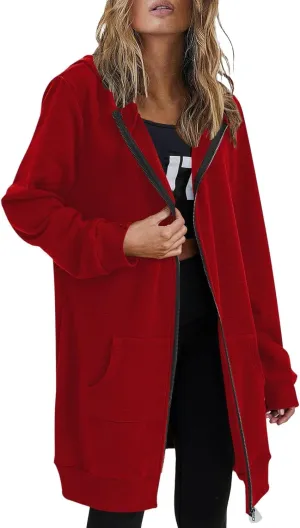 Women's Full Zip Up Long Hoodies Casual Fall Hooded Sweatshirts Slim Fit Long Sleeve Fleece Jacket Coats with Pockets
