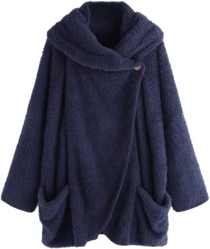 Womens Fuzzy Fleece Open Front Cardigan Jackets Asymmetrical Button Fluffy Winter Sherpa Outerwear Coats with Pockets
