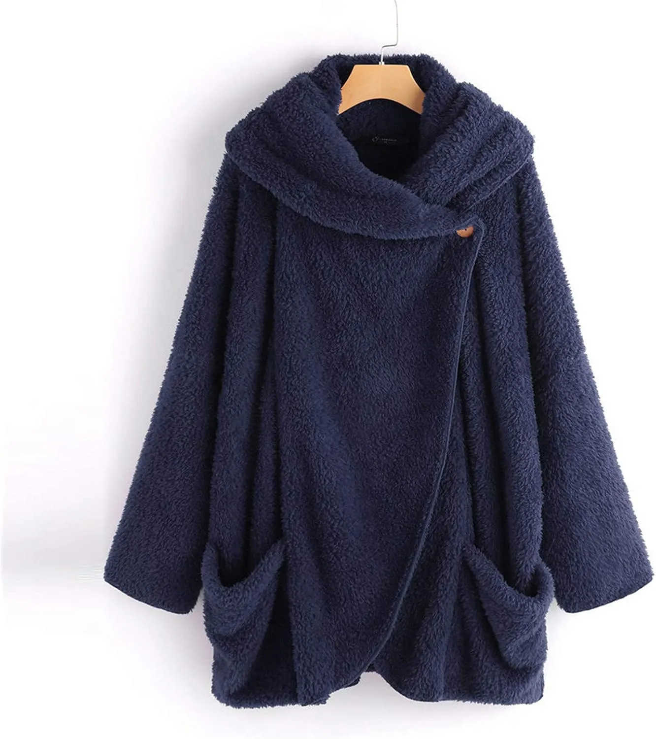 Womens Fuzzy Fleece Open Front Cardigan Jackets Asymmetrical Button Fluffy Winter Sherpa Outerwear Coats with Pockets